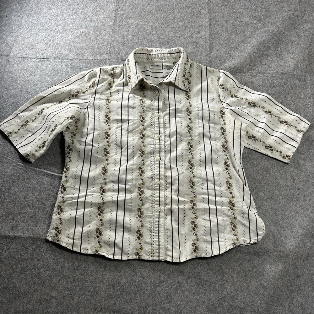 White Stage Shirt Womens Large Ivory Floral Brown Button Boho Cottagecore